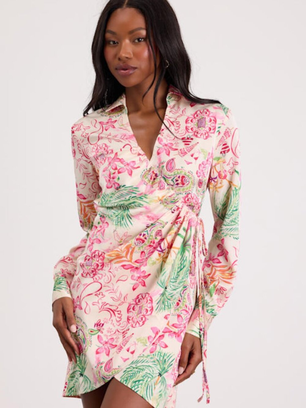 Lulus Darine Ivory Multi Boho Print Wrap Mini Dress White - Size S